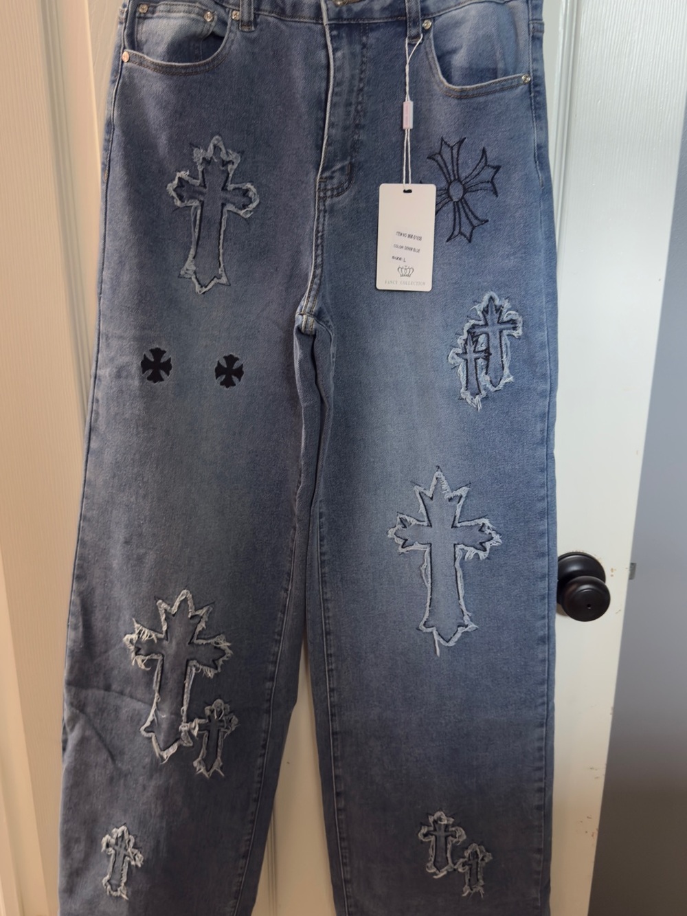Women’s dark blue denim Embroidered Cross-Detail Jeans